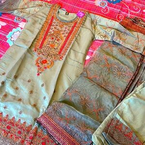 Green and orange shalwar Kameez